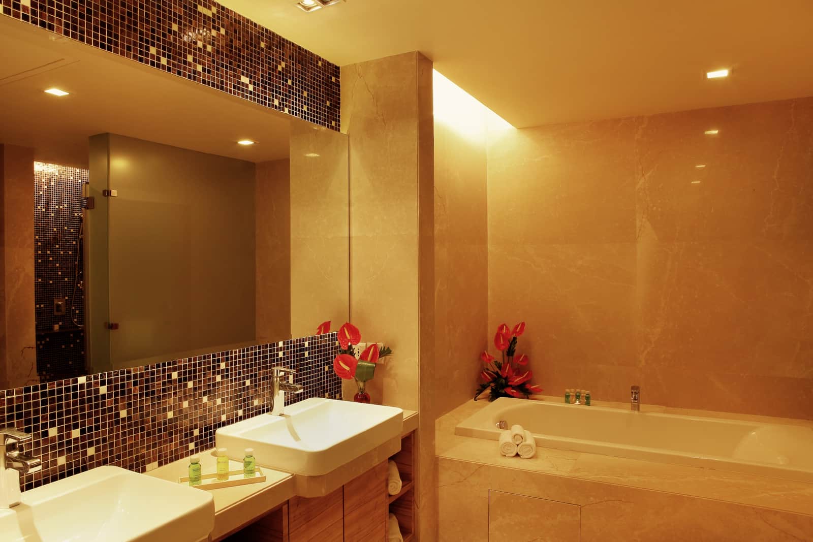 The Italian marble bathroom of an Executive Suite