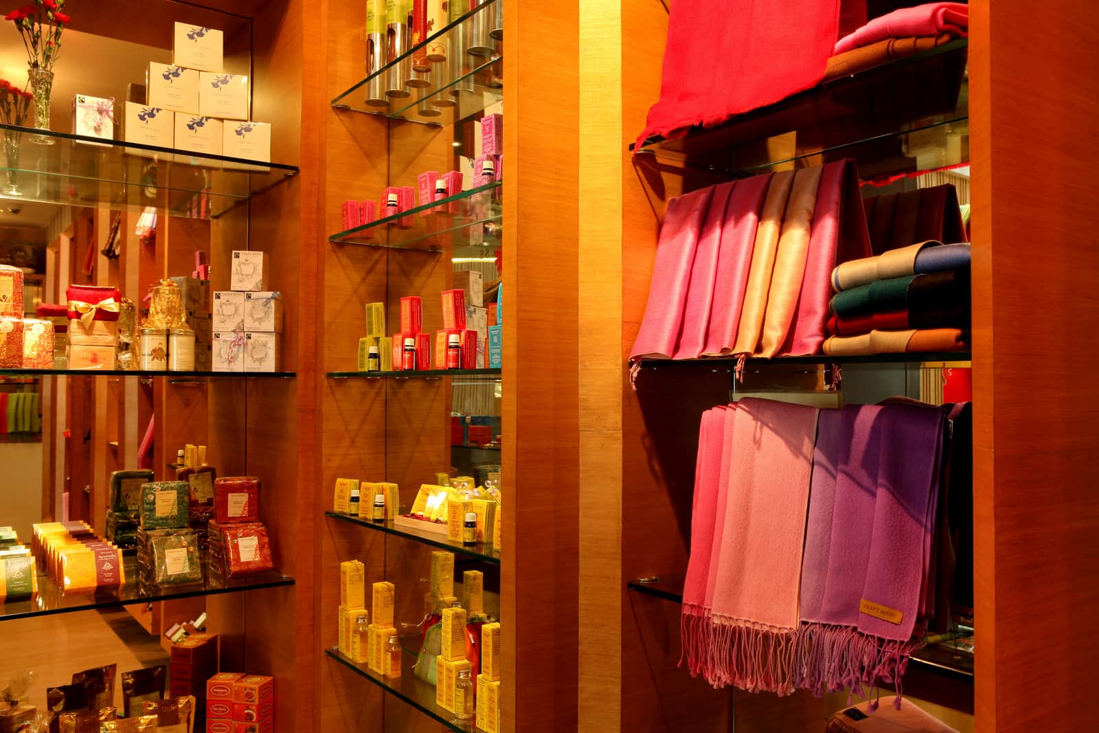 Pashmina and silk on the shelves at Craft House
