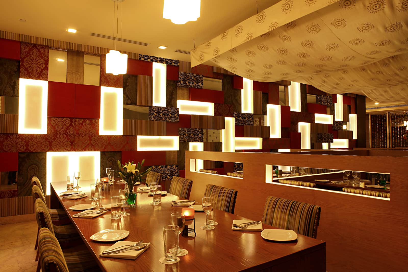 The long dining room at Chutney seen down the length of the table