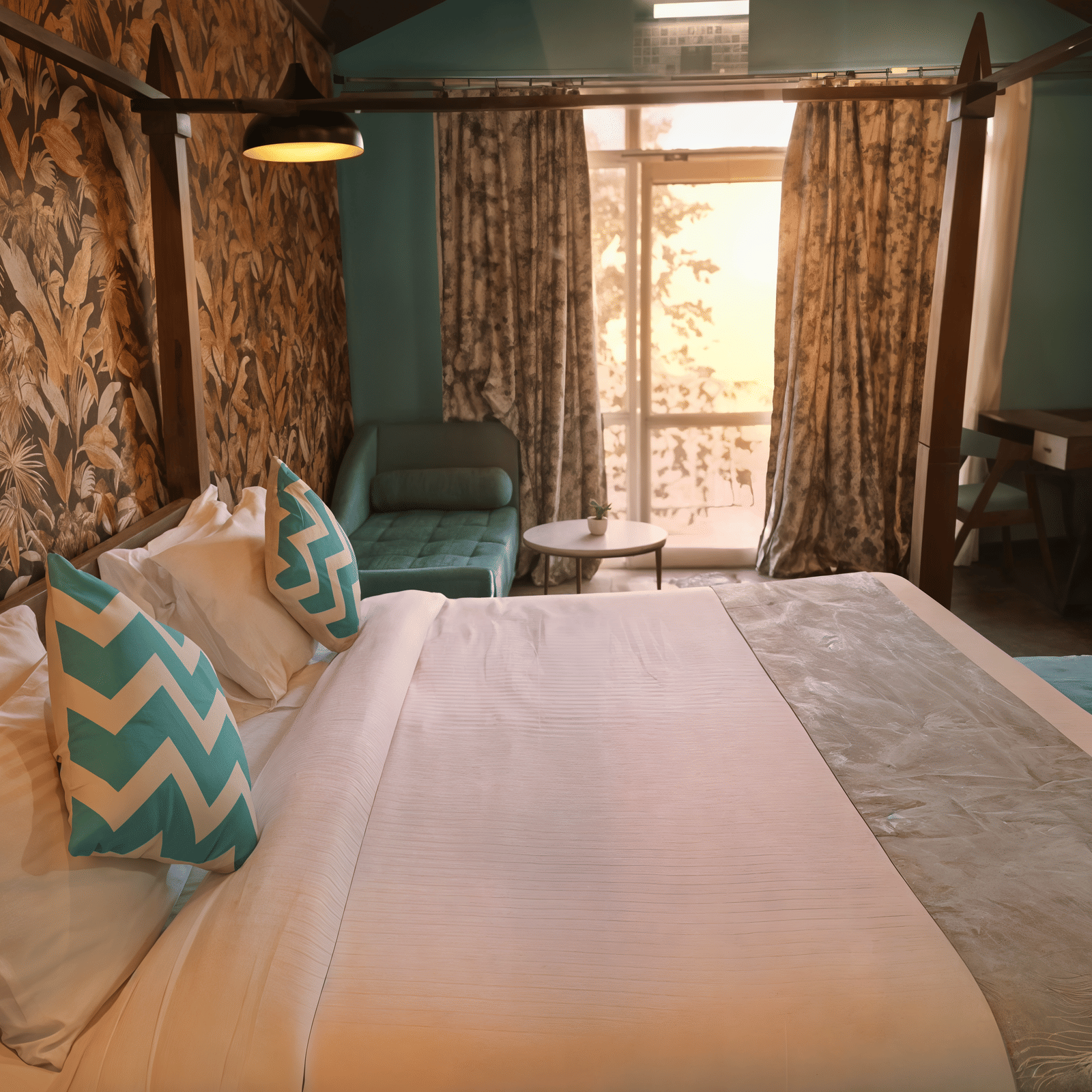 Premium Cottage bedroom at Nazaara Nature Retreat, Dalhousie, with a four-poster bed set against botanical wallpaper.