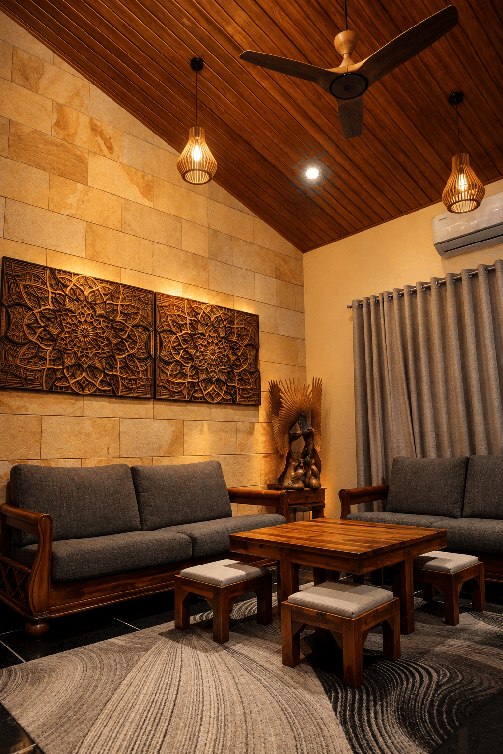 Grey sofas around a low teak table beneath a vaulted wooden ceiling and carved mandala panels at The Garud Forest, Tadoba