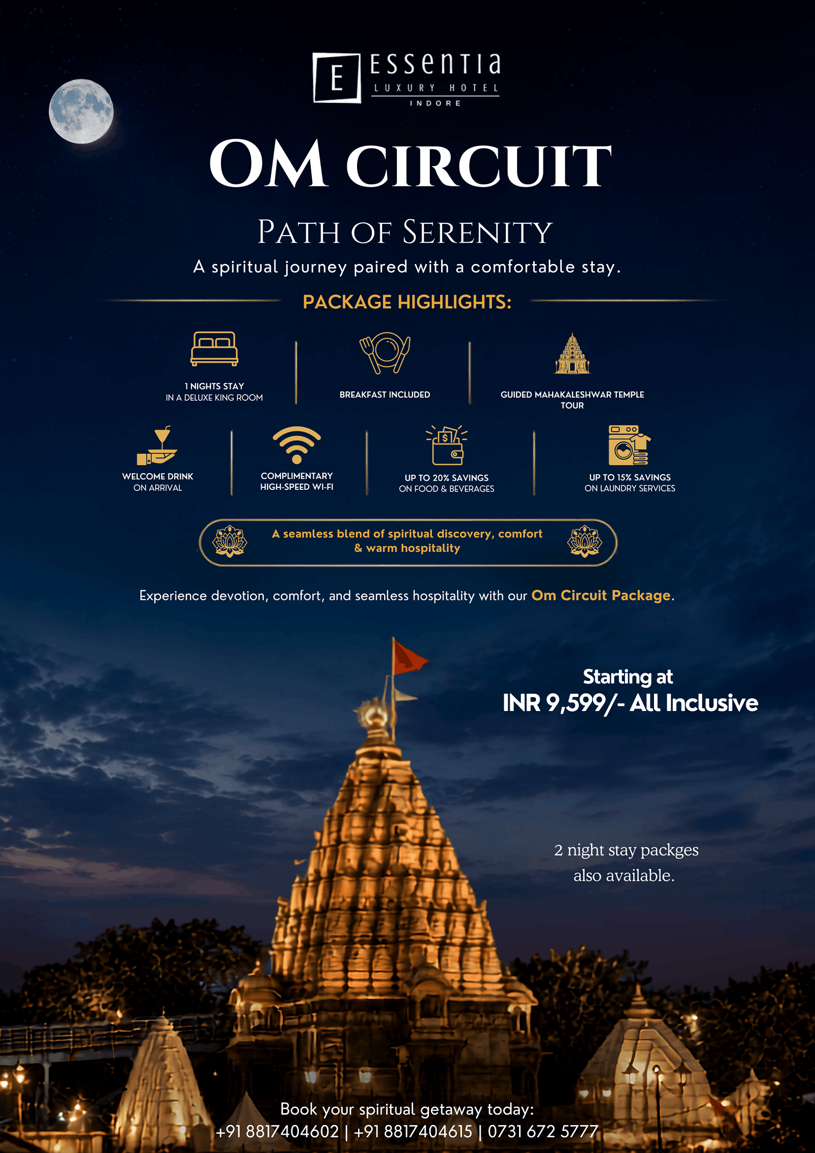 Essentia Luxury Hotel Indore Om Circuit package poster showing an illuminated temple at night under a full moon, with package highlights and starting price