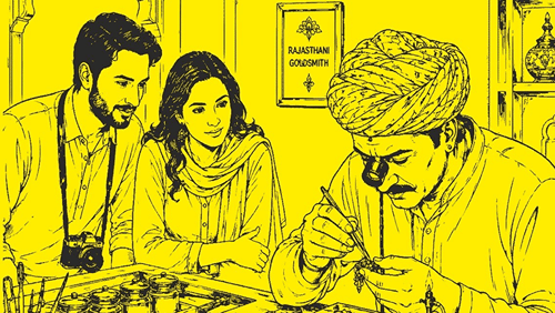 The Neemrana Heritage Walk poster featuring illustrated scenes of lac bangle making, goldsmiths, pottery, a village market, a forge and havelis, priced at INR 700 plus taxes per person.