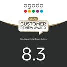 An image showing the digital award from Agoda to Hotel Bawa Suites, Khar which shows a customer rating of 8.3