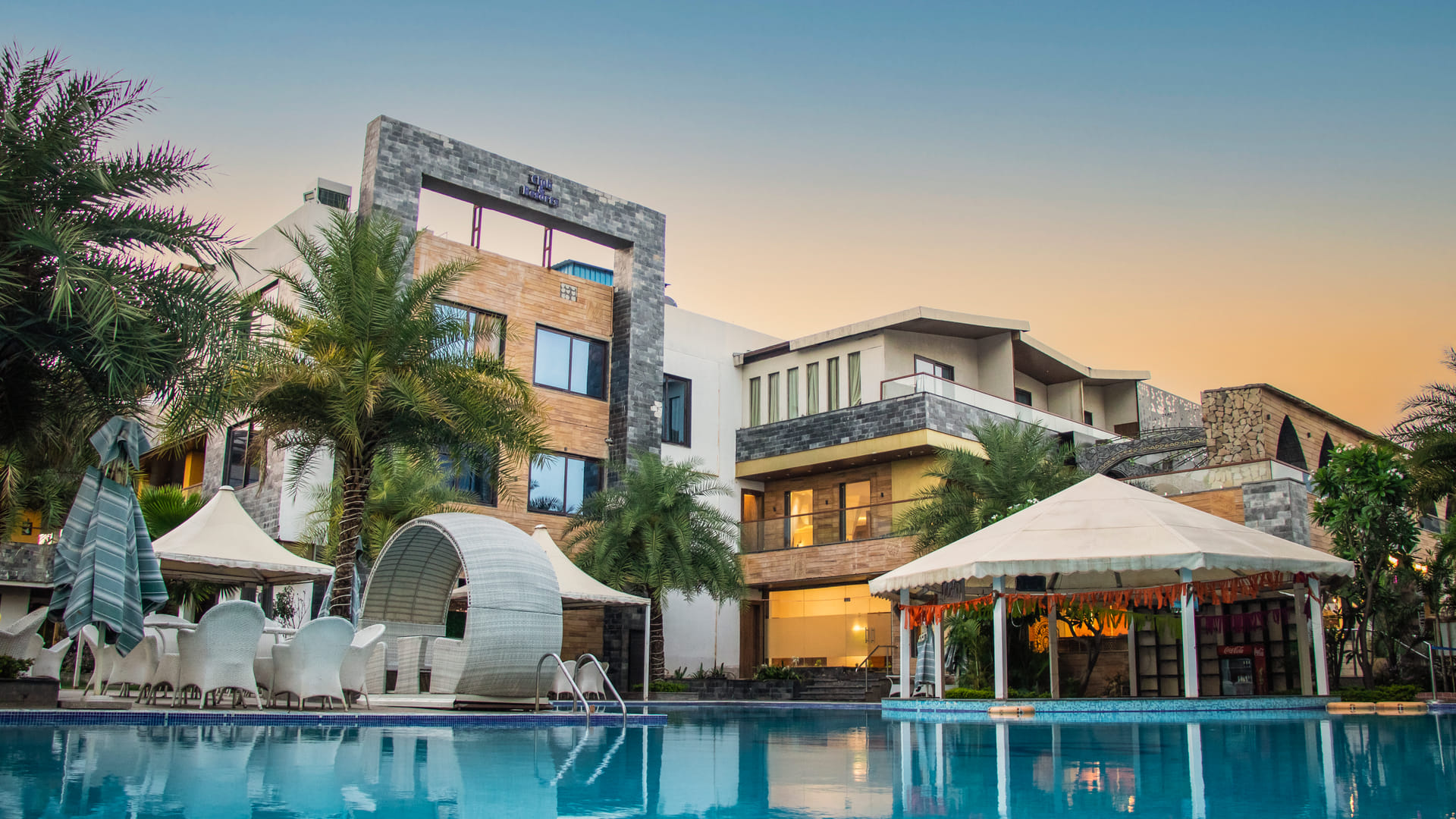 Miraya Dining, the Flamingo pool deck at golden hour