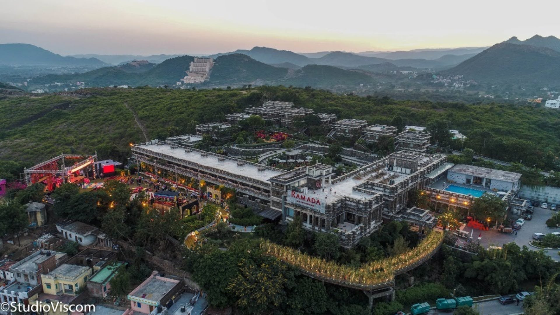 Aerial view of the hills around the wedding venue at Ramada by Wyndham Udaipur Resort and Spa