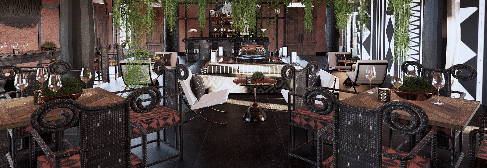 A lounge area with tables and chairs, hanging plants, and a bar counter in the background - Rhino and River BluSalzz Collection, Pobitora