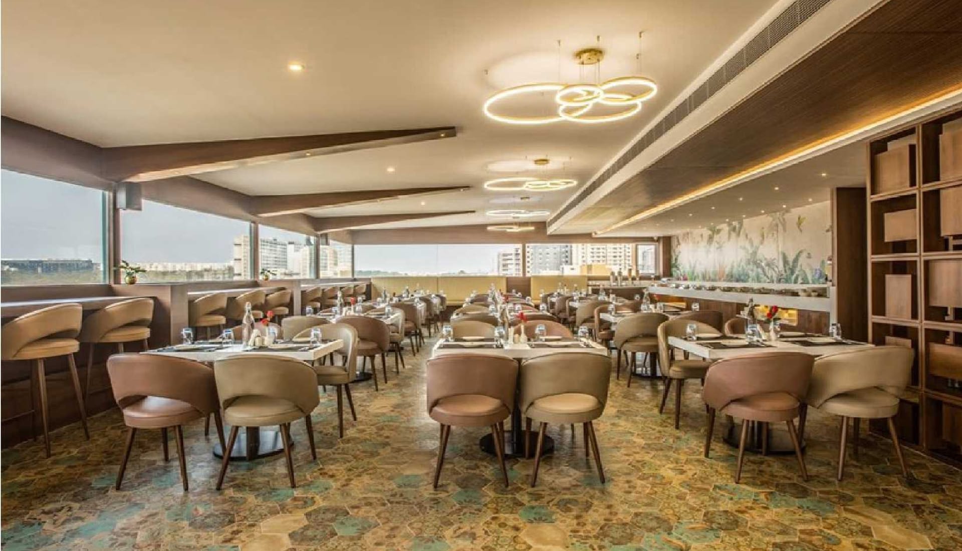 The dining room at Aurora, arranged for the evening
