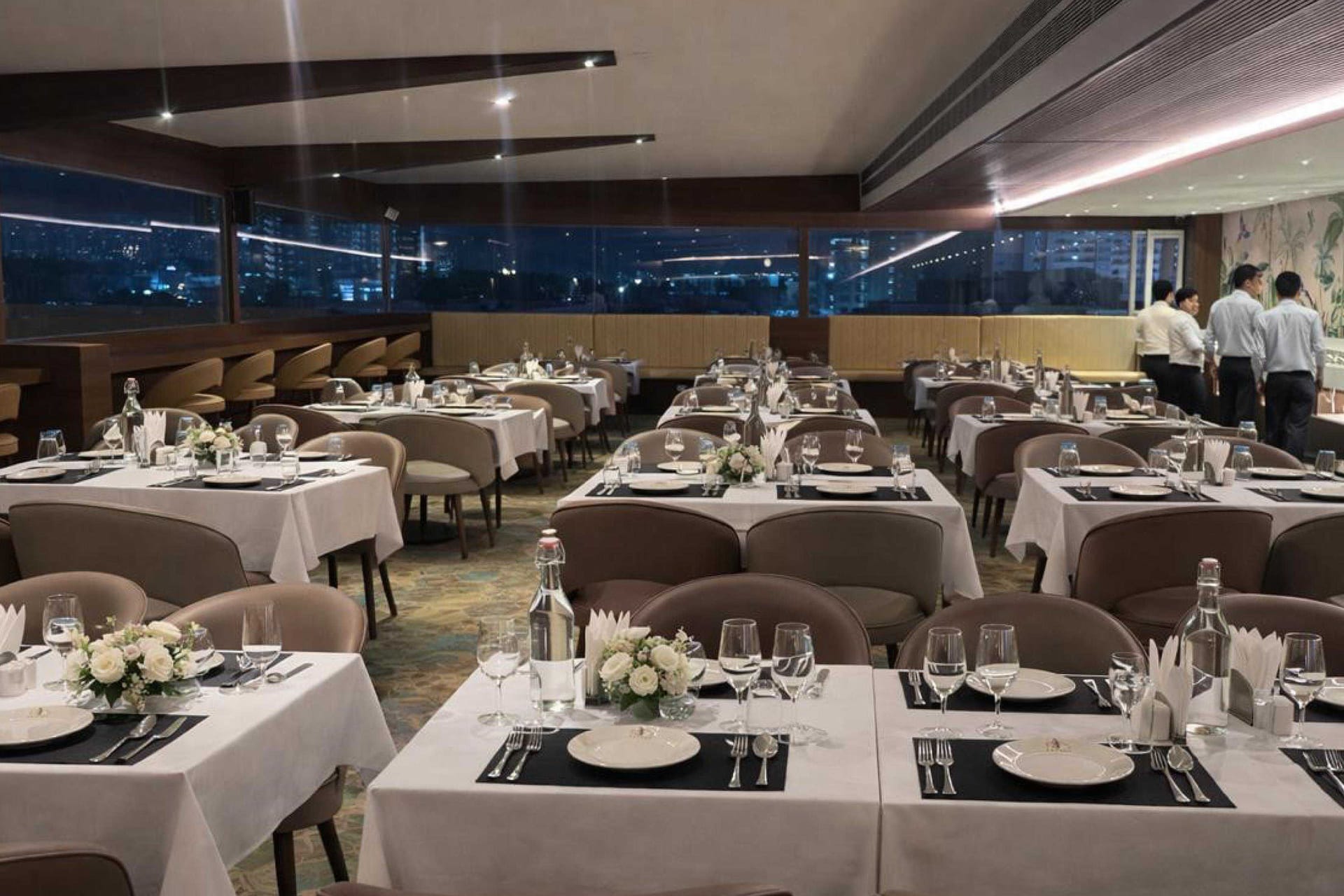 Rooftop restaurant with lake and city views