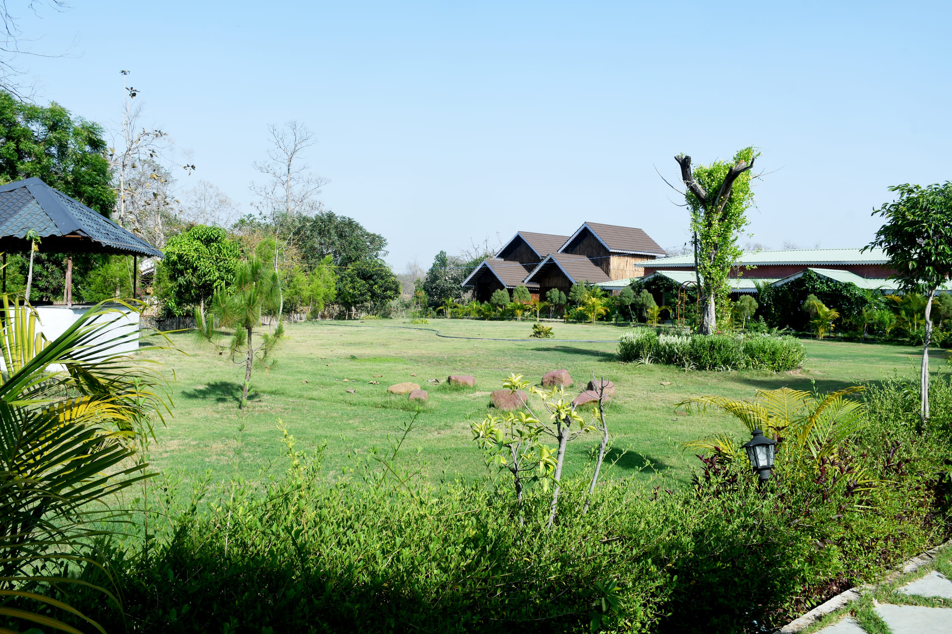 The open central lawn at The Rustik, Satpuda