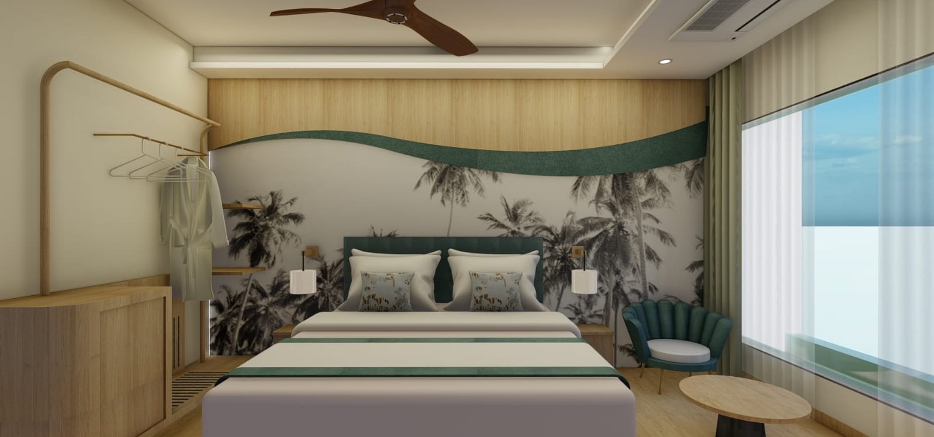 Deluxe Room with a king bed, a palm-print mural wall, and a teal armchair beside the window | Shirgaonkar Beach Resort