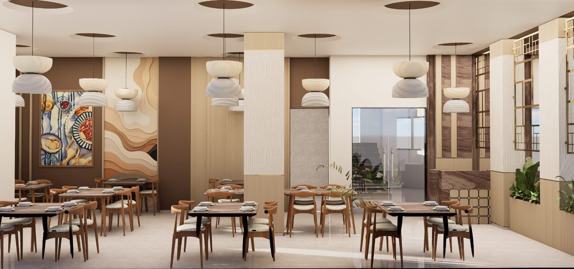 Sea Shell Restaurant floor with tables laid for service under pendant lighting | Shirgaonkar Beach Resort