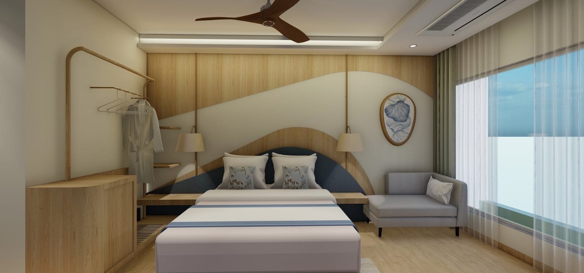 King bed beneath an arched navy headboard, with daylight through tall windows | Shirgaonkar Beach Resort