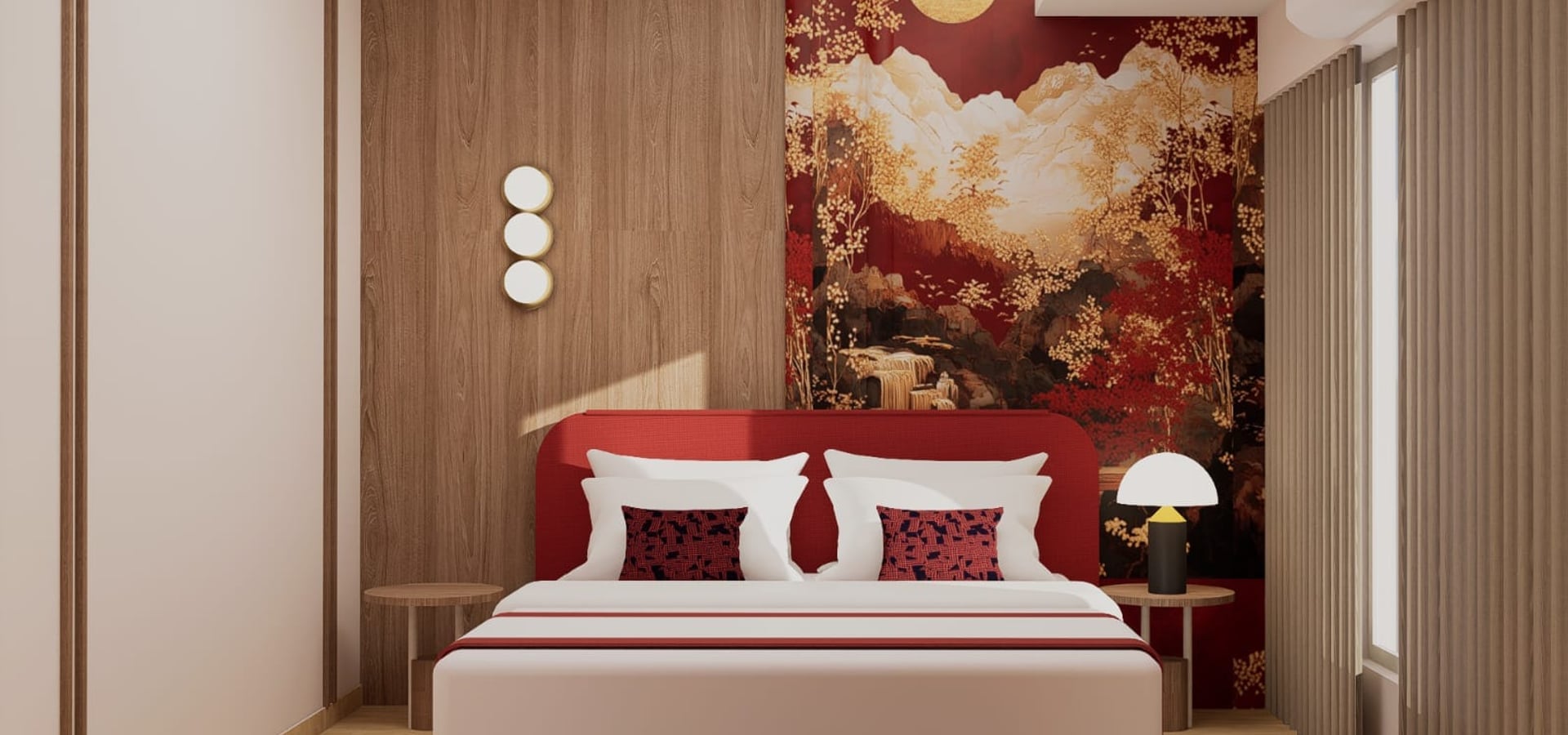 Suite bedroom with a red upholstered king bed against a mountain-scene mural | Shirgaonkar Beach Resort