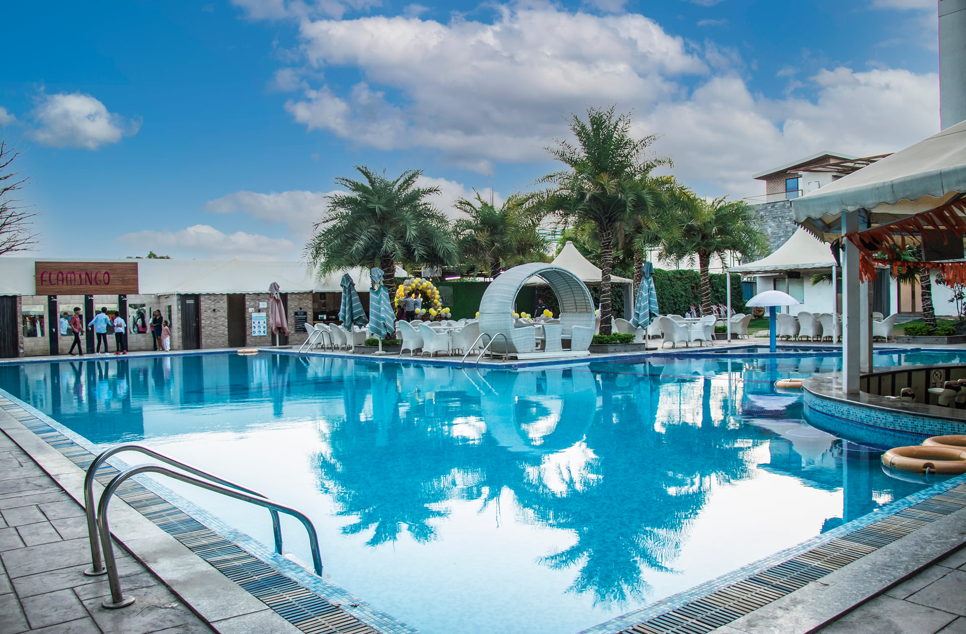 Swimming pool with palm trees, an arched white cabana and a steel pool ladder beneath a bright blue sky