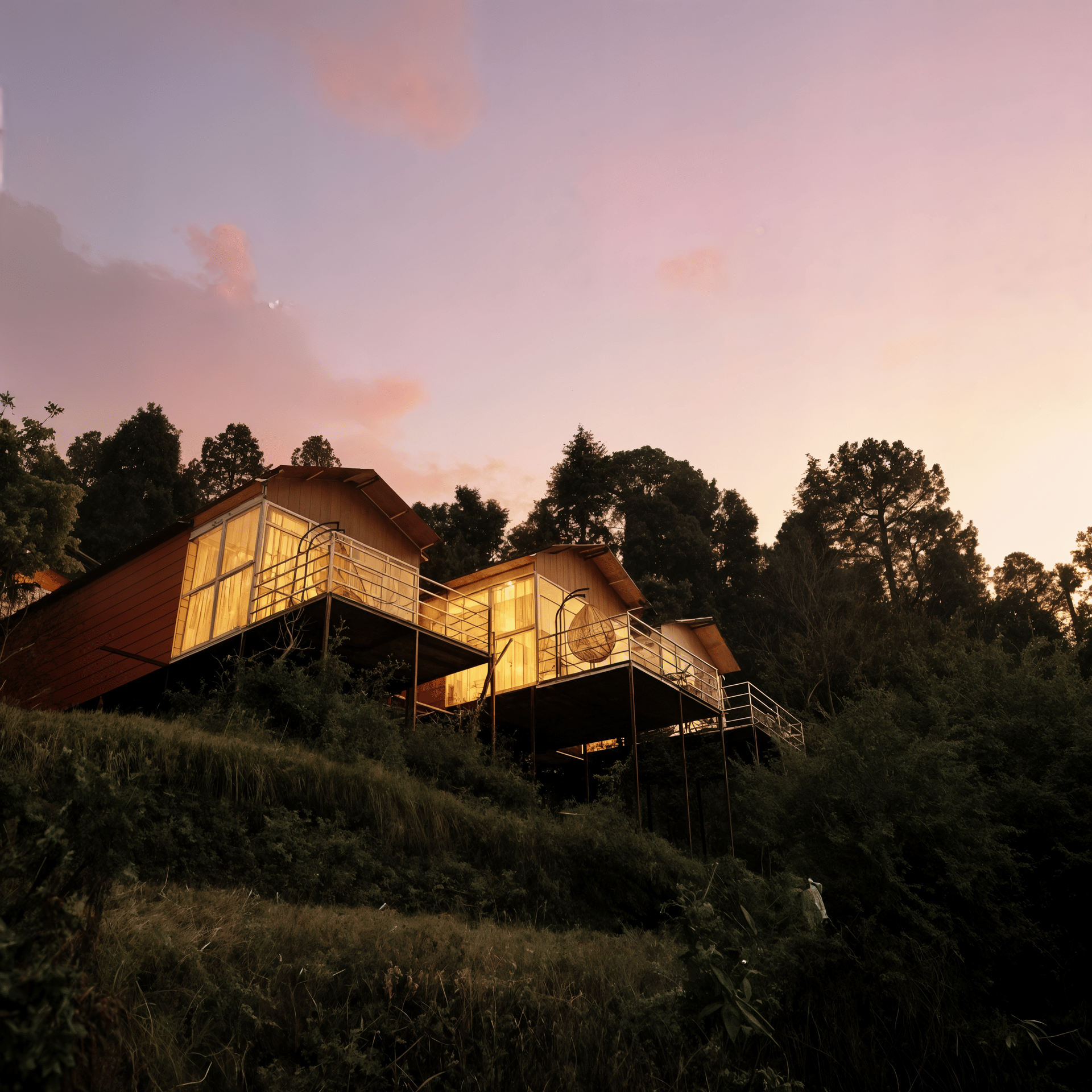 Nazaara Nature Retreat, Dalhousie, cottages on stilts along the hillside at twilight