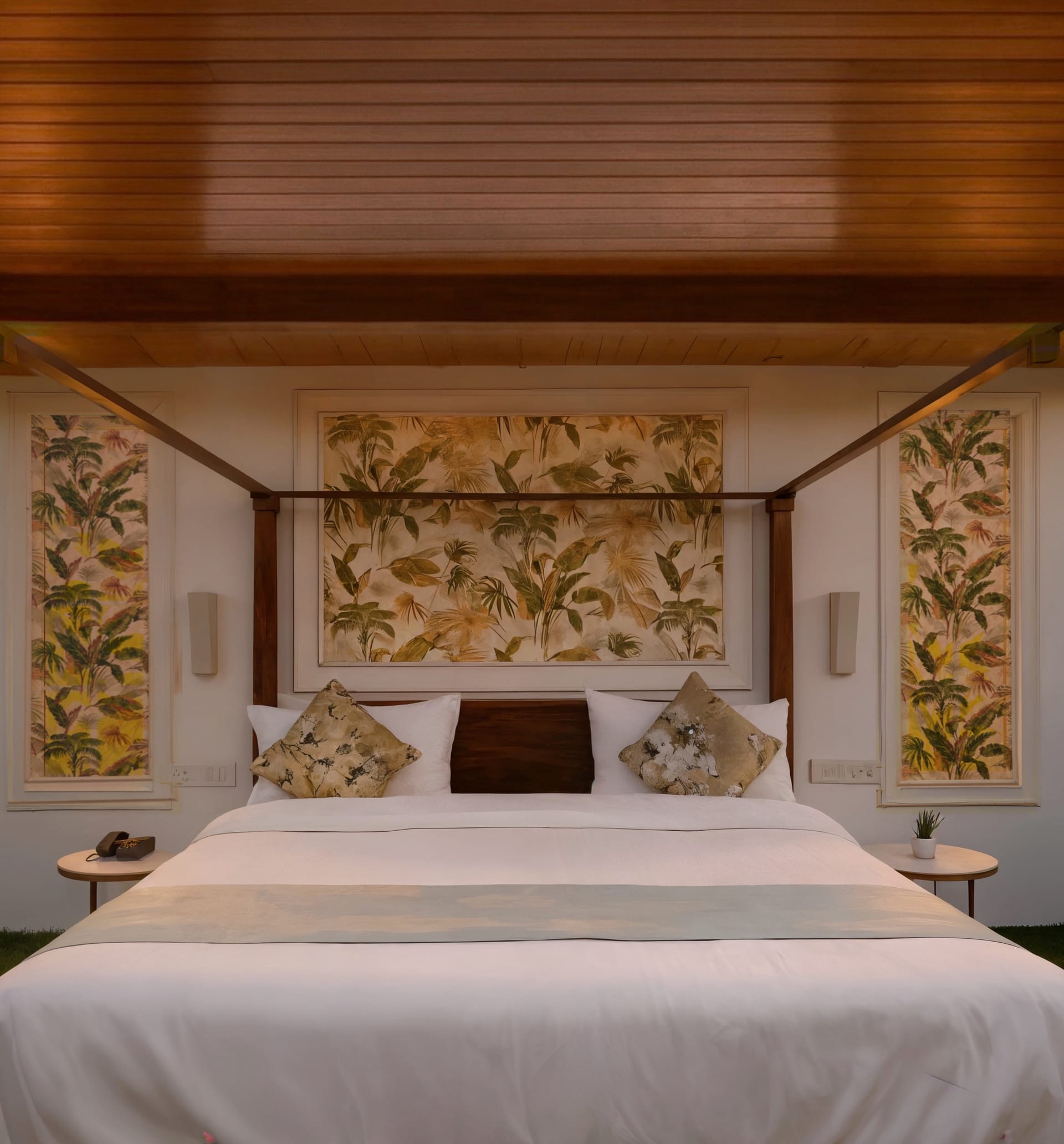 Luxe cottage at Nazaara Nature Retreat with private Jacuzzi and canopy bed headboard
