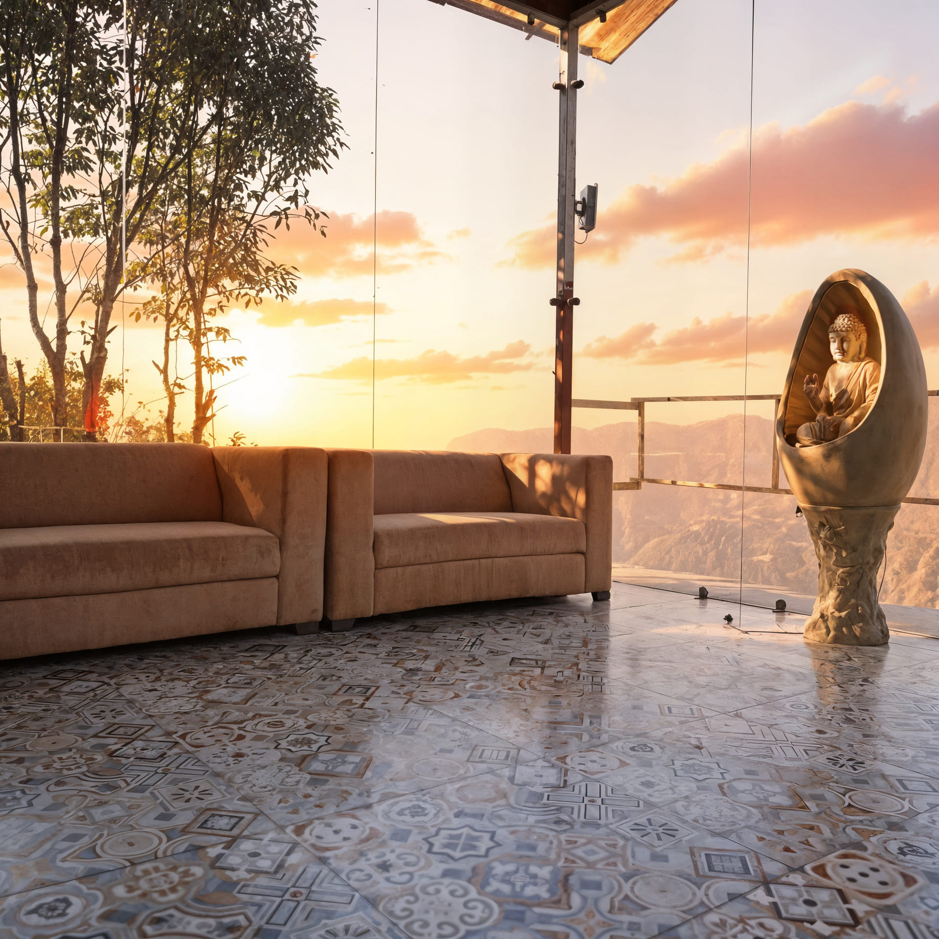 Reception lounge seating with a Buddha statue niche and sunset mountain view at Nazaara Nature Retreat, Dalhousie