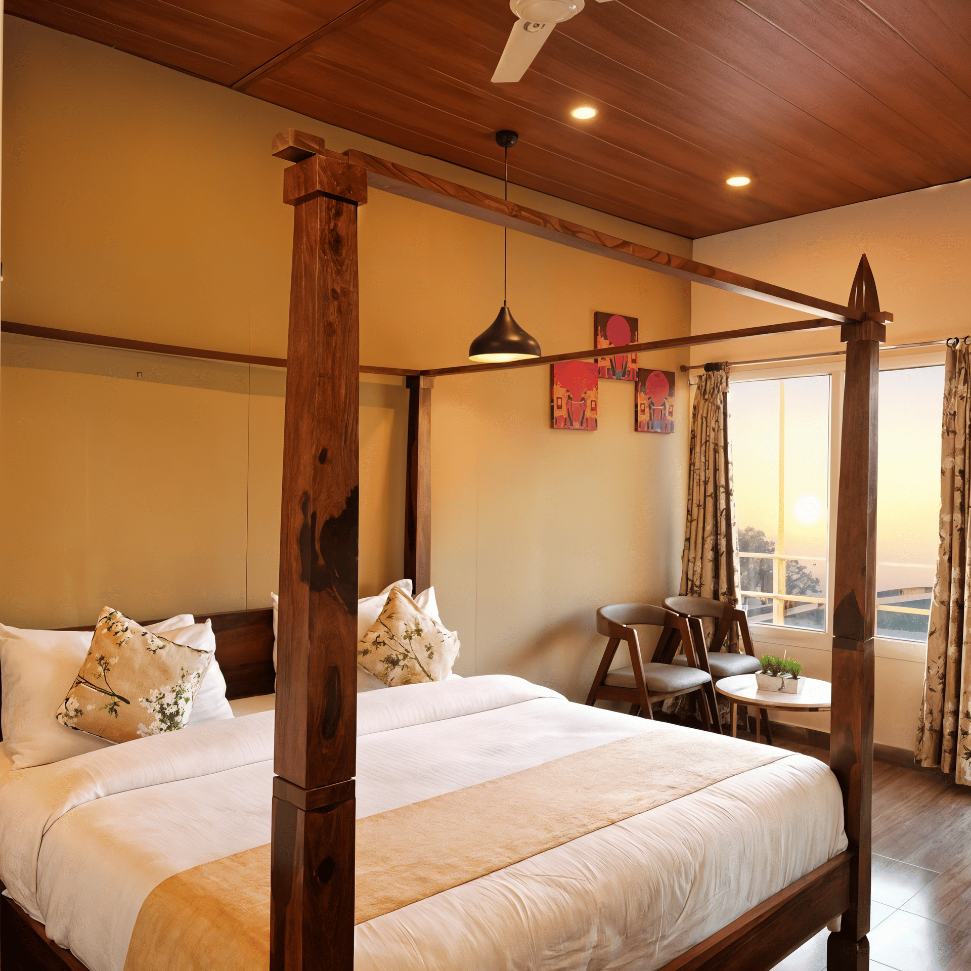 Superior Room at Nazaara Nature Retreat bathed in warm golden sunset light, framing the booking call-to-action section