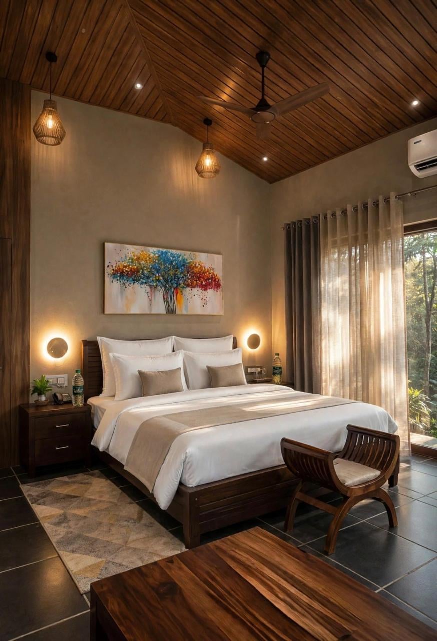 A wide bed beneath colourful tree artwork, with sliding doors opening to a garden-facing balcony at The Garud Forest, Tadoba