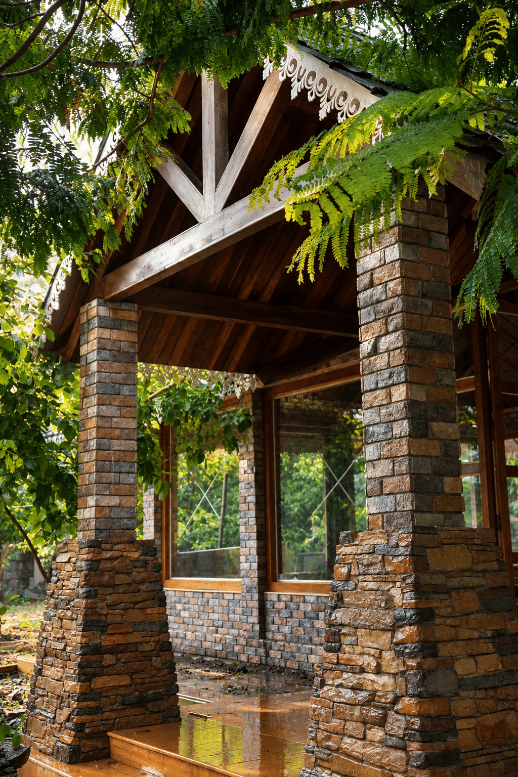 A stone-pillared pavilion with a timber gable, open on every side and framed by hanging ferns at The Garud Forest, Tadoba