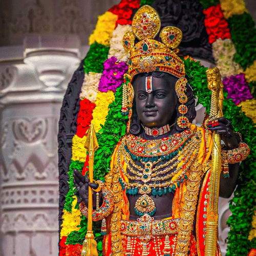 Idol of Lord Ram adorned with ornate jewellery, floral garlands, and traditional attire inside Ayodhya Ram Mandir.