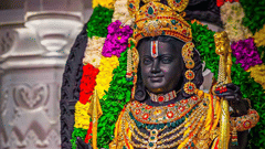 Idol of Lord Ram adorned with ornate jewellery, floral garlands, and traditional attire inside Ayodhya Ram Mandir.