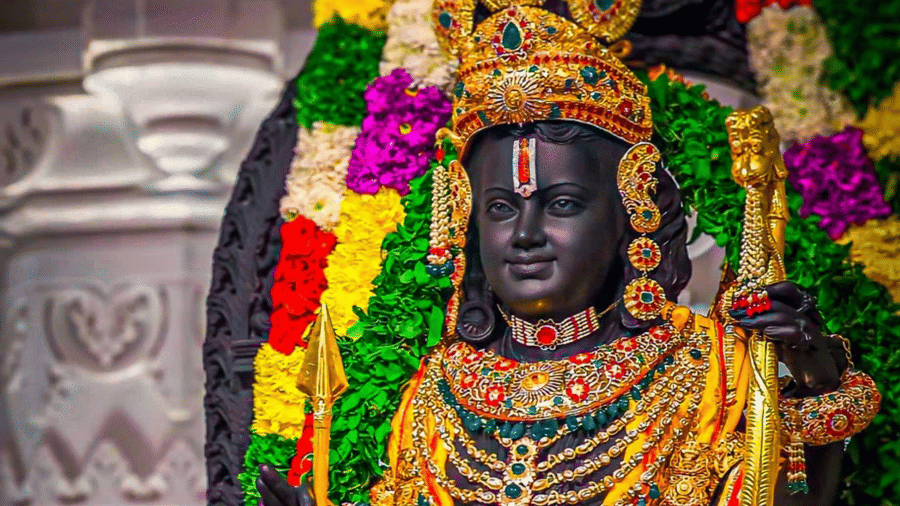 Idol of Lord Ram adorned with ornate jewellery, floral garlands, and traditional attire inside Ayodhya Ram Mandir.