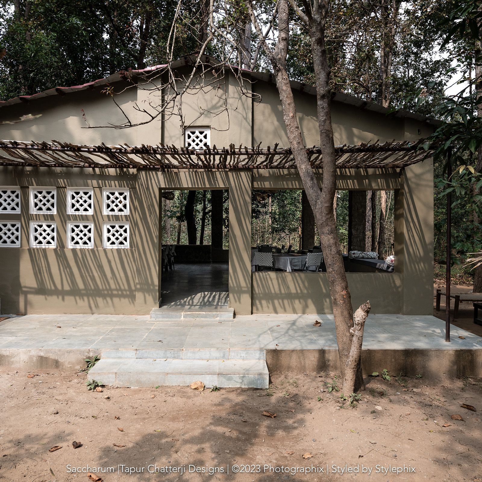 Facade of Dining room at Saccharum Safari Lodge, Balaghat