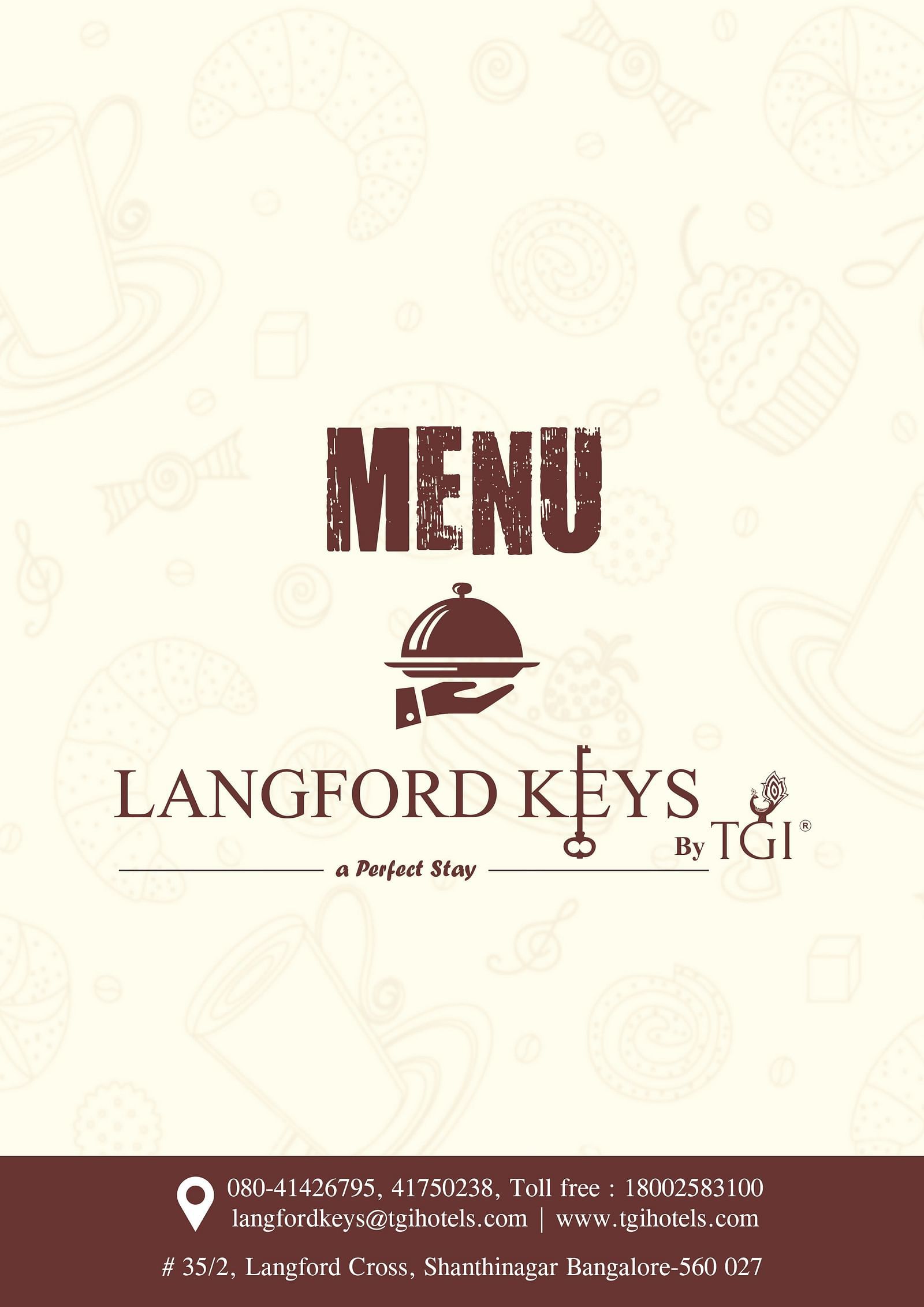 Menu cover in beige and maroon with the logo of Langford Keys and address