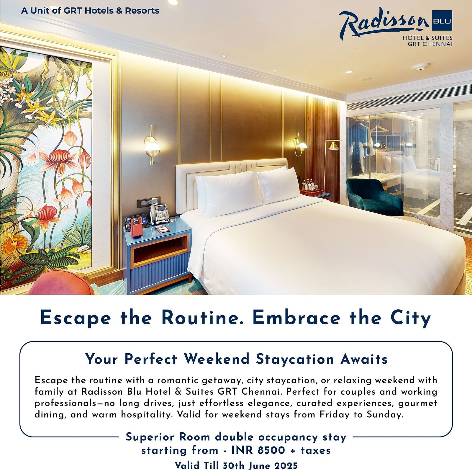 Elegant room with artistic decor, king-size bed, and luxury amenities at Radisson Blu GRT Chennai – promoting the Weekend Staycation package.