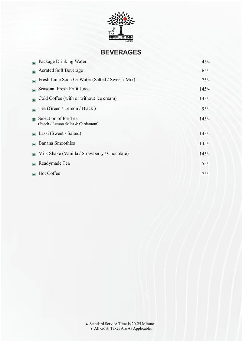 Apple Inn Menu of Beverages with the terms that say that the Standard Serving Time is 20-25 mins and all Govt taxes areas applicable