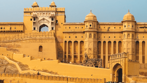 view of the yellow facade of Amer Fort