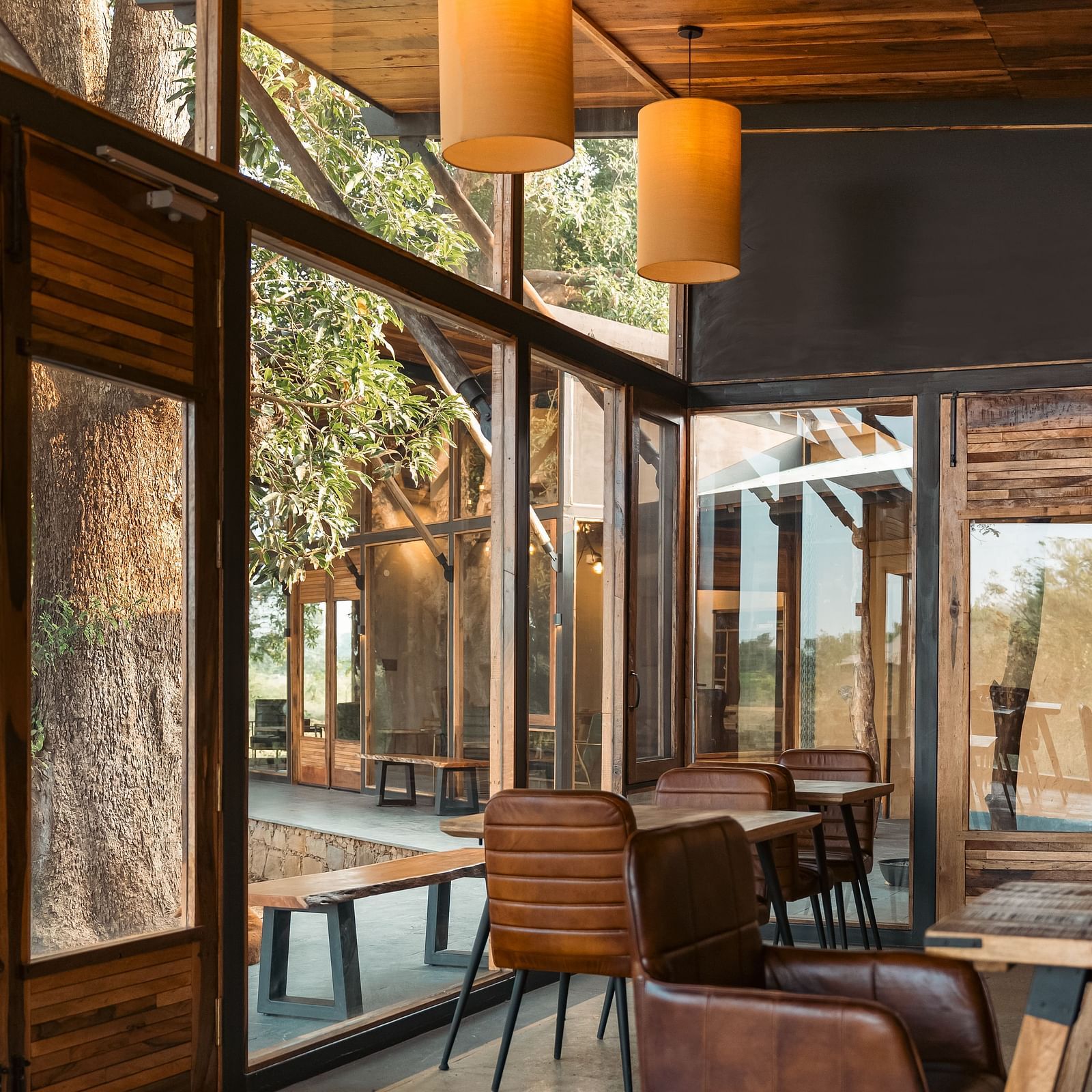 Side view of the dining area fully wooden furnished at Trees N Tigers, Tadoba.