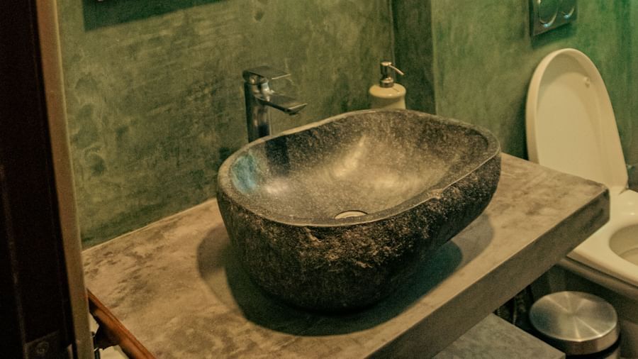 Washbasin area with a black stone sink, mirror, and green textured wall at Fireflies Resorts, Kabini.