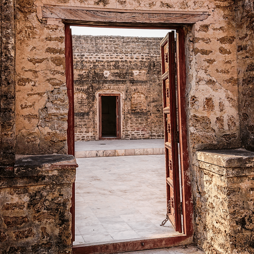 A old wooden palace door framed inside an arched ceiling.