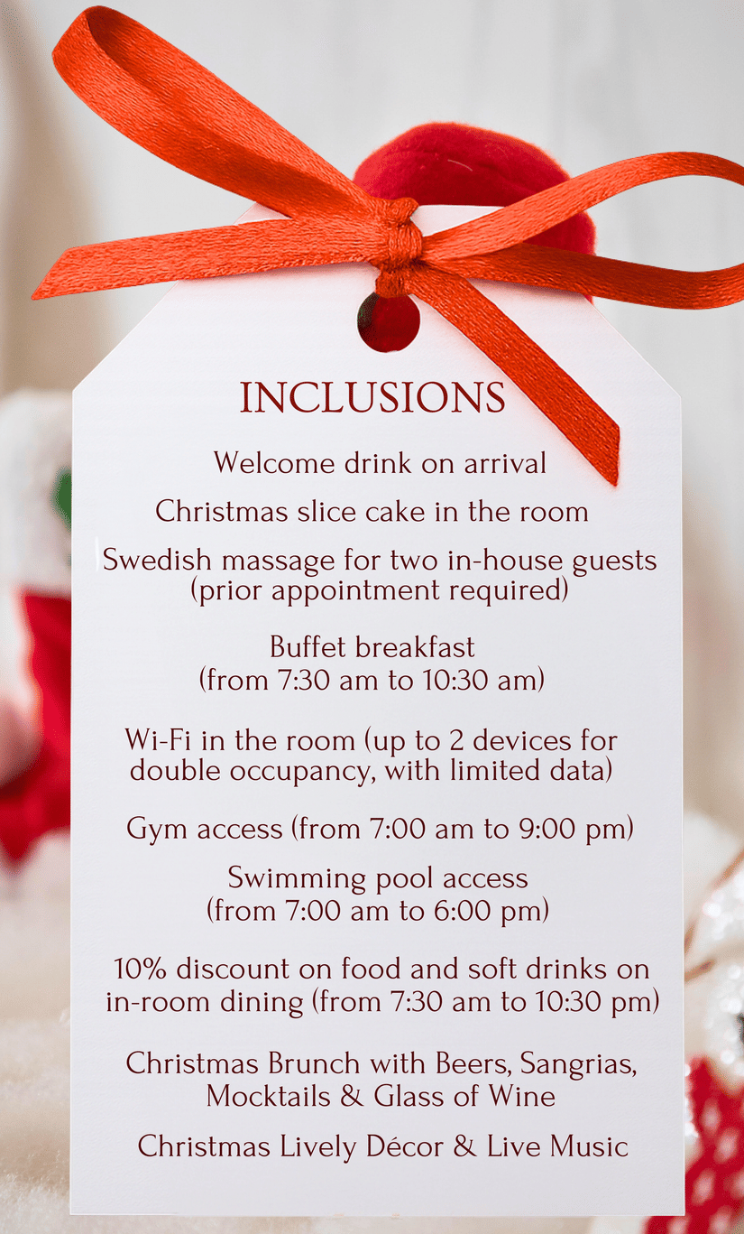 Christmas package inclusions tag at The Empresa Hotel, featuring festive brunch and spa offerings.