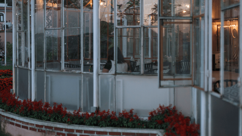 A vertical view of a curved glass conservatory or greenhouse structure, bordered by a neat lawn and red flower beds.