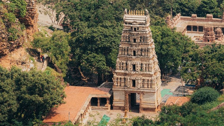 a far out view of Sri Padmavathi Ammavari Temple with greenery in the foreground