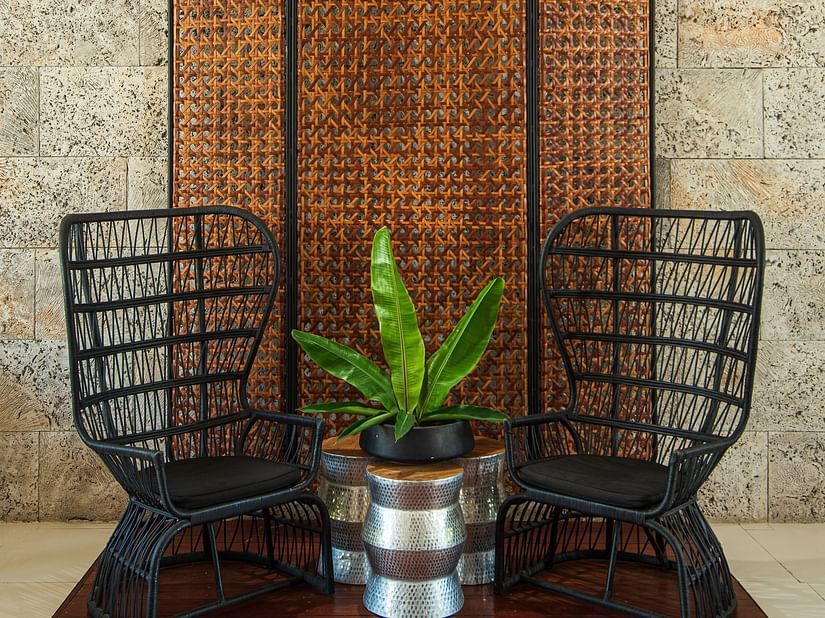 A hotel lobby with chairs and a potted plant - S Hotel Montego Bay, Jamaica