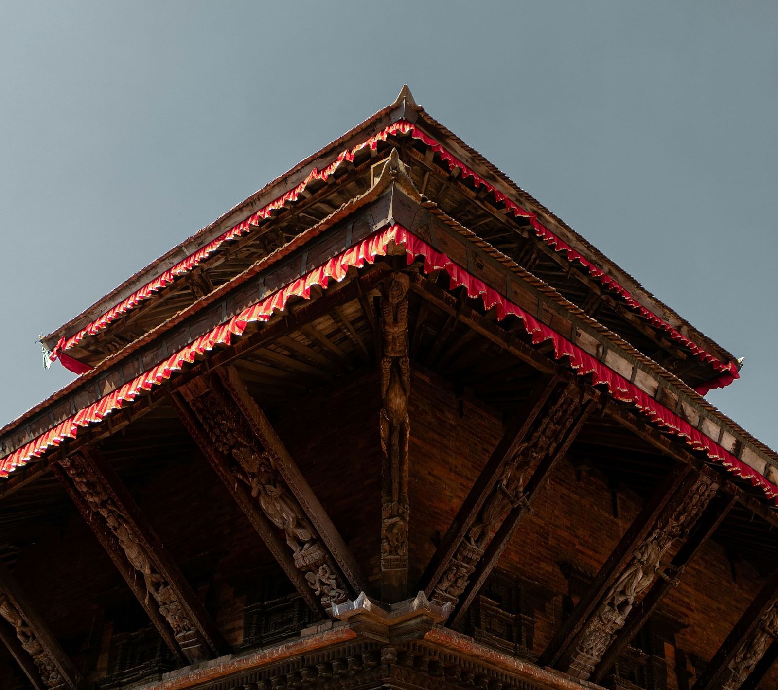 Facade image of a temple in Bhaktapur Durbar Square as seen from below
