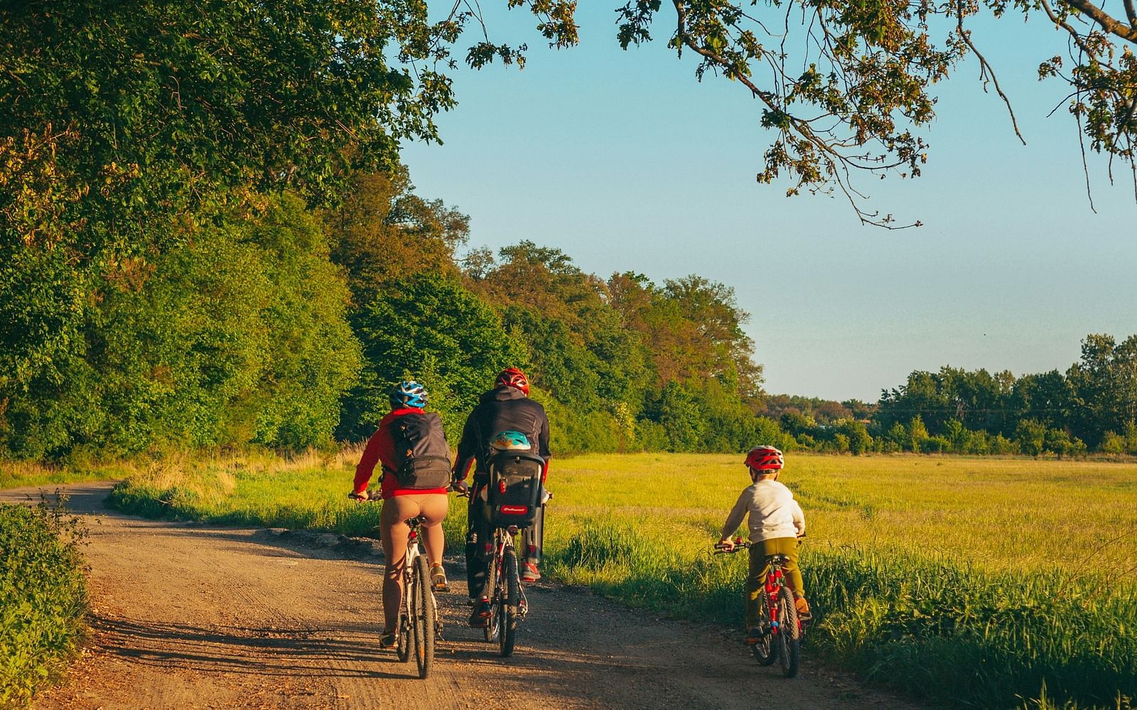 Two adults and a child cycling in a mud road next to a forest cover 