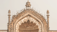 Front view of Bara Imambara in Lucknow, India, showing its grand arched gateway with detailed architecture