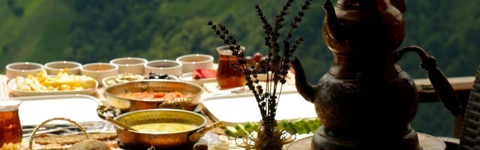 an image of a food platter with mountain views