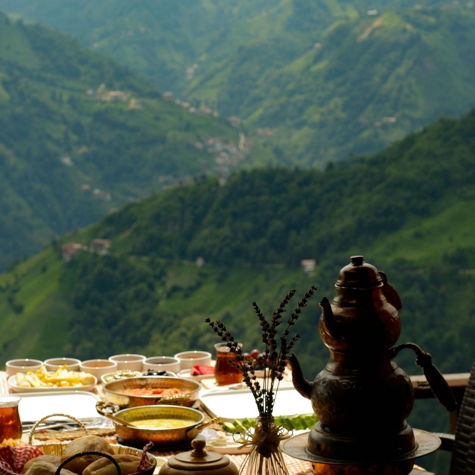 an image of a food platter with mountain views