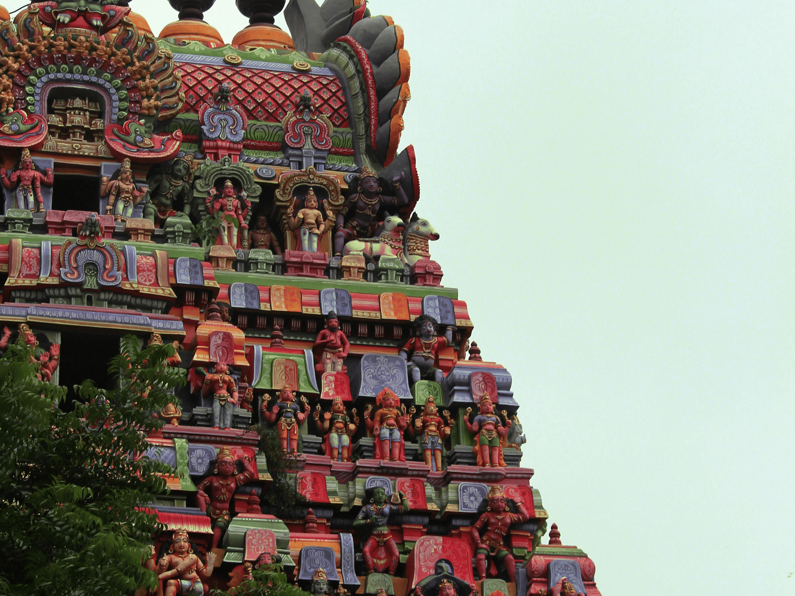 Tall ornate gopuram tower of a South Indian temple