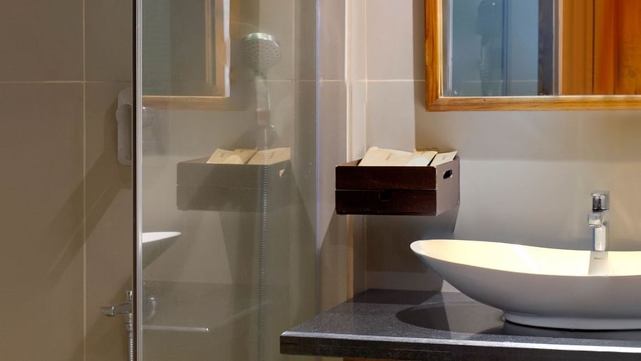 Image of the bathroom of Coral Turquoise at Coral Reef Resort and Spa in Havelock featuring a sink with a mirror over it and the shower space next to it separated by a glass door