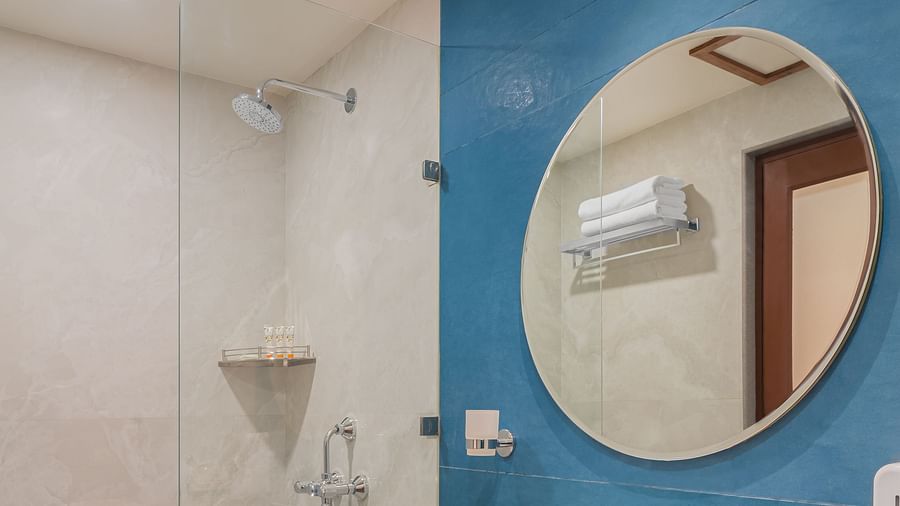 A bathroom with a wash basin above a round wall-mounted mirror and a glass separating the shower area | Hotel Ganga Maiya