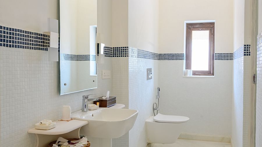 A long, narrow bathroom with a white sink, toilet, and a rectangular mirror, featuring a blue accent on the ceiling, in a vertical shot - Tijara Fort-Palace - 19th Century, Alwar.