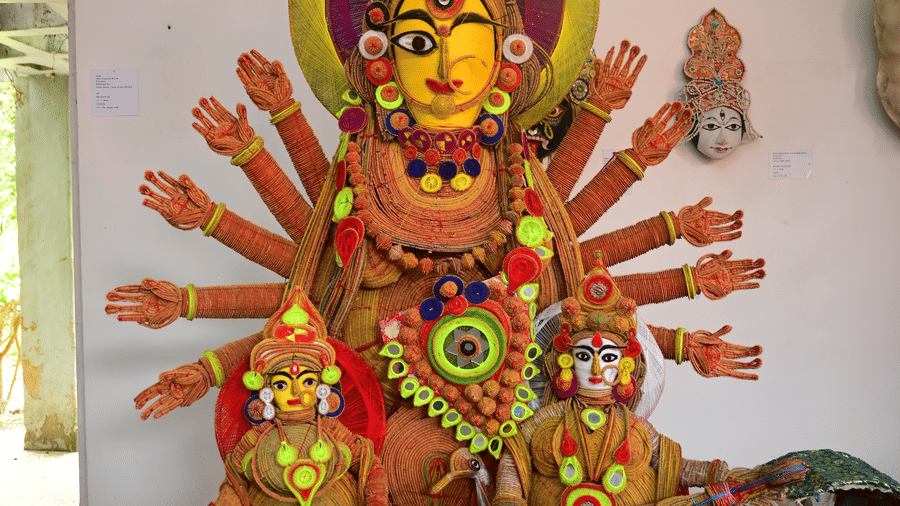 Colourful idol of Goddess Durga displayed inside the museum at Pipul Odi Art Museum Resort, Chilika.